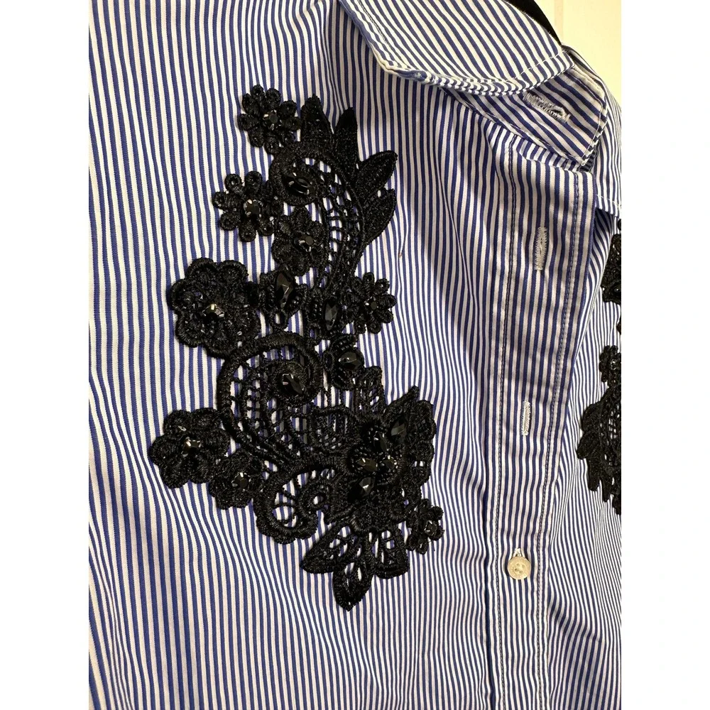 Lauren Ralph Lauren Blue White Striped Lace Applique Button Down Shirt Small - Picture 4 of 4